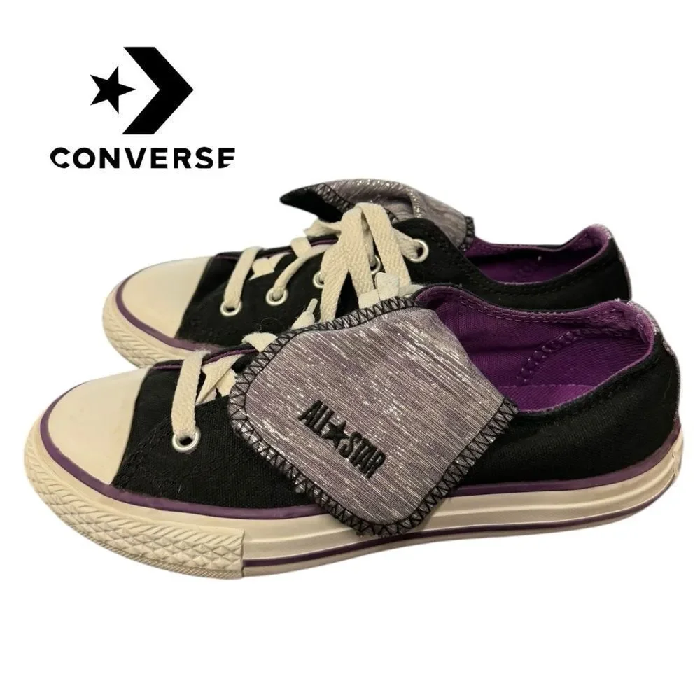 Converse Junior Girl's Black Purple Glitter Fold Back Tongue Sneakers 1